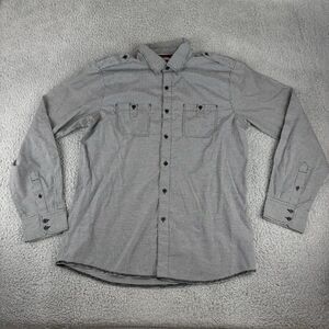 Mens No‎ Retreat Black Gray Striped Button Up Long Sleeve Shirt Size Large
